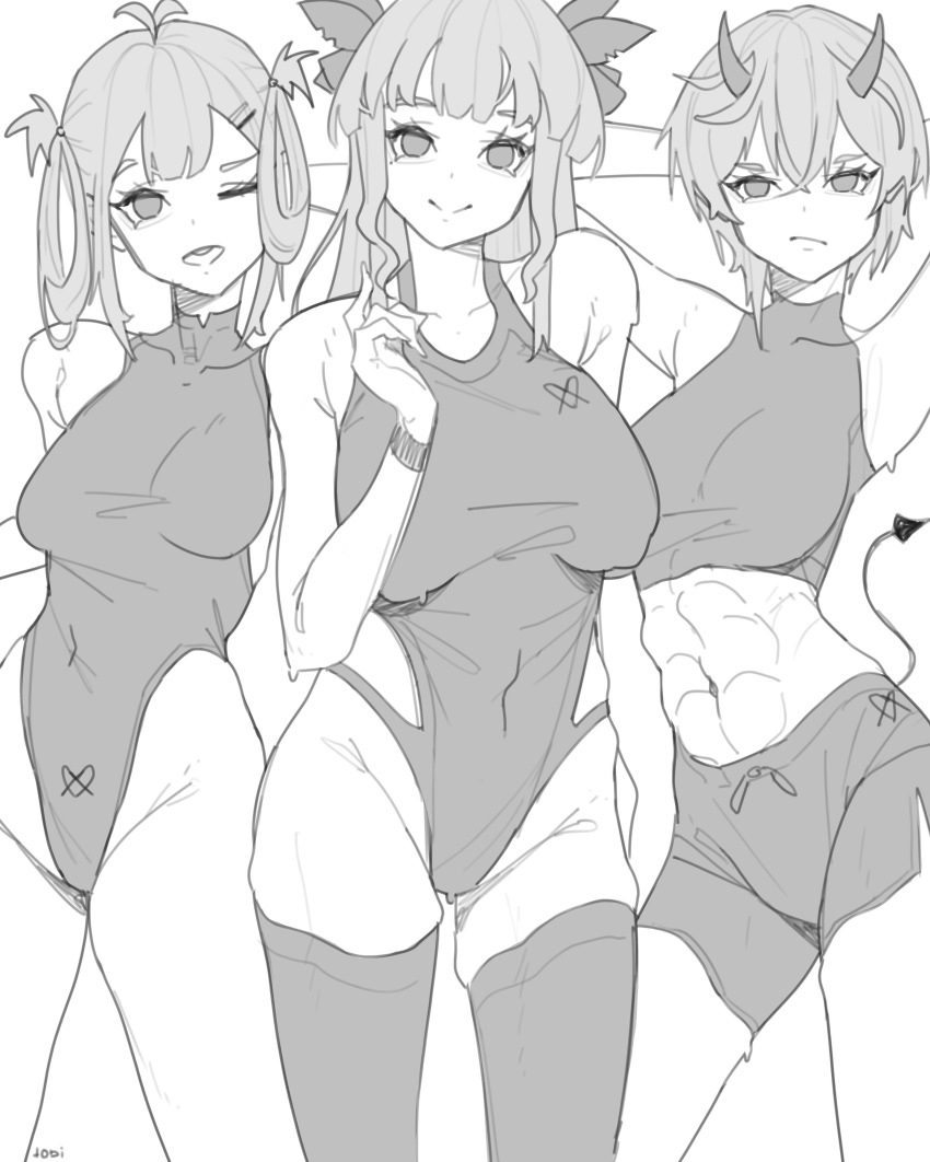 3girls, abs, absurdres, arm_behind_head, artemis_of_the_blue, arthropod_girl, atelier_live, bad_id, bad_twitter_id, bare_legs, bare_shoulders, blunt_bangs, bracelet, breasts, crab_girl, demon_tail, greyscale, hair_between_eyes, hair_ornament, hair_ribbon, hair_rings, hairclip, hands_behind_own_head, high_collar, highres, horns, imp, index_finger_raised, indie_virtual_youtuber, jewelry, kani_kanizawa, leotard, midriff, mole, mole_under_eye, monochrome, multiple_girls, navel, one_eye_closed, open_mouth, ponytail, rinkya, shark_girl, short_hair, shorts, smile, tail, thighhighs, toned, toned_female, tttinkaaaaa, unluckytobii, virtual_youtuber, wavy_sidelocks, wink