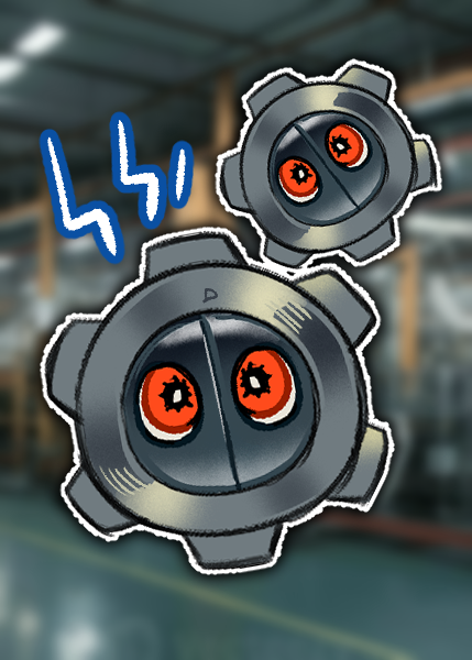 digimon, digimon_(creature), floating, gear, kohagurumon, looking_at_viewer, red_eyes, robot