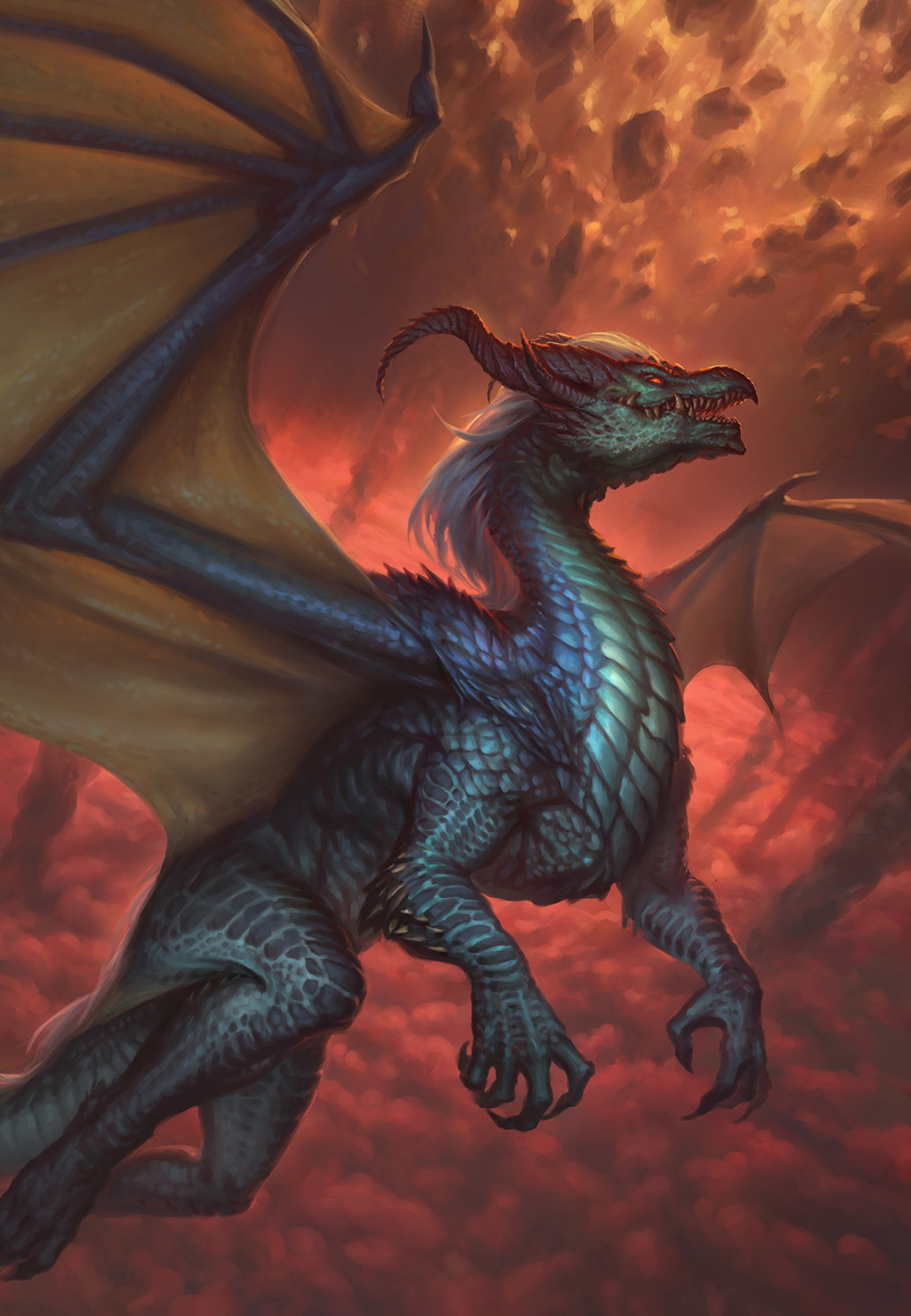 animal_focus, claws, cloud, commentary, cover, cover_page, dragon, english_commentary, flying, from_side, full_body, highres, horns, monster, no_humans, official_art, open_mouth, raluca_marinescu, red_eyes, red_sky, rex_draconis, sharp_teeth, sky, solo, teeth, western_dragon, wings