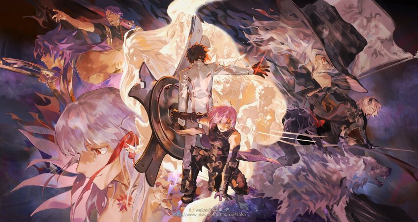 4girls, 6+boys, anniversary, armor, armored_boots, armored_leotard, ascot, back-to-back