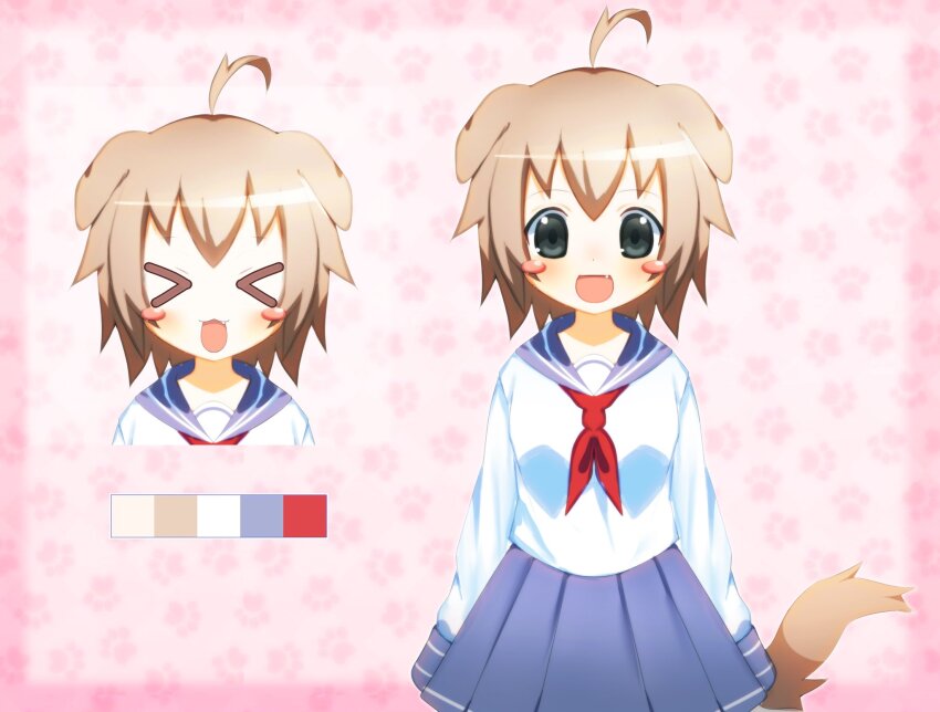 >_<, 1girl, 2000s_(style), :3, :d, ahoge, animal_ears, blush_stickers, border, breasts, brown_hair, closed_eyes, color_guide, commentary, dog_ears, dog_girl, dog_tail, english_commentary, fang, grey_eyes, highres, long_sleeves, looking_at_viewer, necktie, onlinepetclub, open_mouth, original, pink_border, red_necktie, school_uniform, serafuku, short_hair, sleeves_past_fingers, sleeves_past_wrists, smile, solo, standing, tail, wanwan_(onlinepetclub), xd