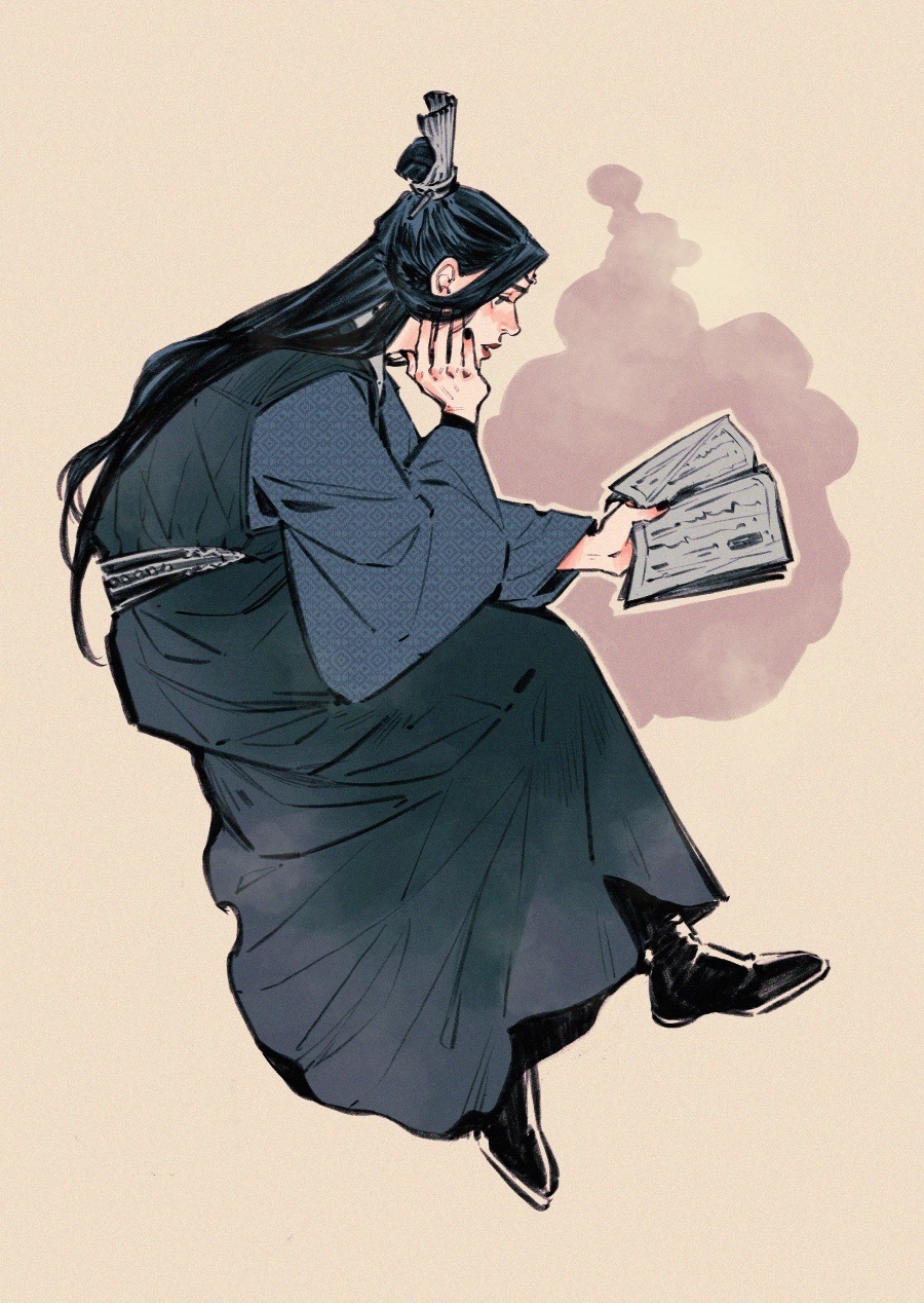 1girl, black_boots, black_eyes, black_hair, black_hanfu, black_nails, blue_sleeves, book