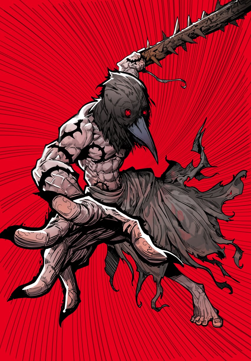 1boy, abs, absurdres, barefoot, bird_boy, brown_skirt, claws, crow_mauler