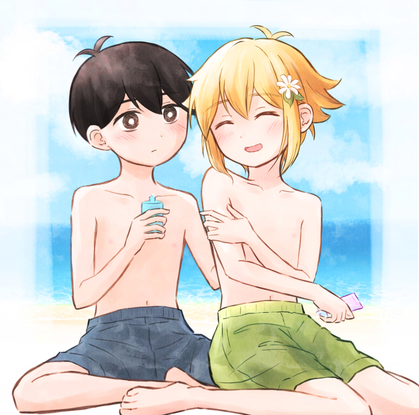 2boys, applying_sunscreen, basil_(faraway)_(omori), basil_(omori), black_eyes, black_hair, blonde_hair, blush, closed_eyes, closed_mouth, collarbone, flower, hair_flower, hair_ornament, highres, looking_at_another, lotion, male_focus, male_swimwear, multiple_boys, navel, nipples, omori, open_mouth, segue5o, short_hair, sitting, smile, sunny_(omori), sunscreen, swim_trunks, topless_male, wariza, yaoi
