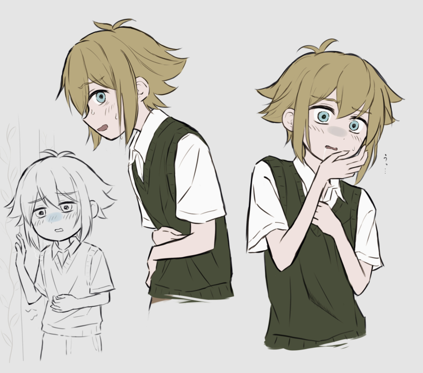 1boy, basil_(faraway)_(omori), basil_(omori), blonde_hair, blue_eyes, collared_shirt, green_sweater_vest, highres