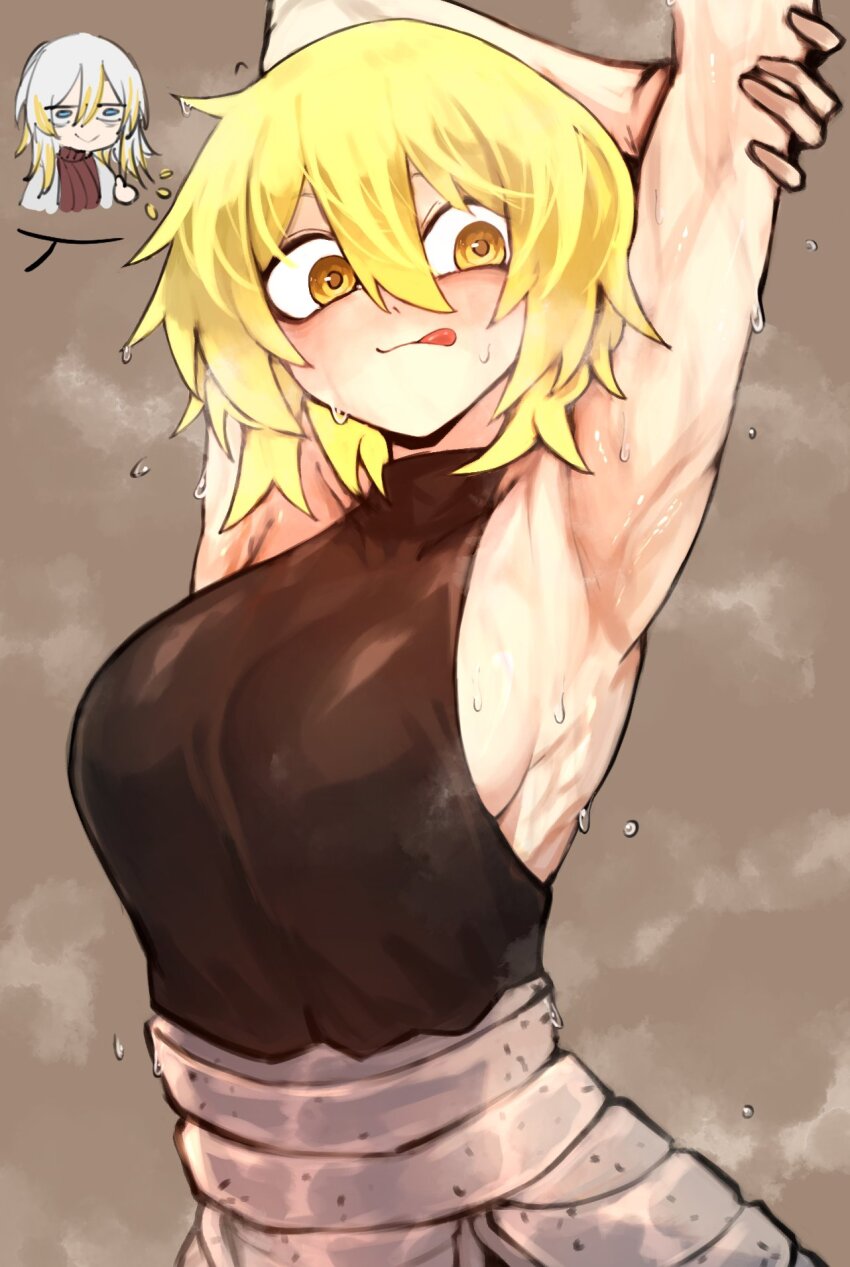 2girls, armpits, arms_behind_head, arms_up, blonde_hair, character_request, commission, don_quixote_(project_moon), highres, limbus_company, multiple_girls, project_moon, shigezie, sleeveless, sweat, tongue, tongue_out, yellow_eyes