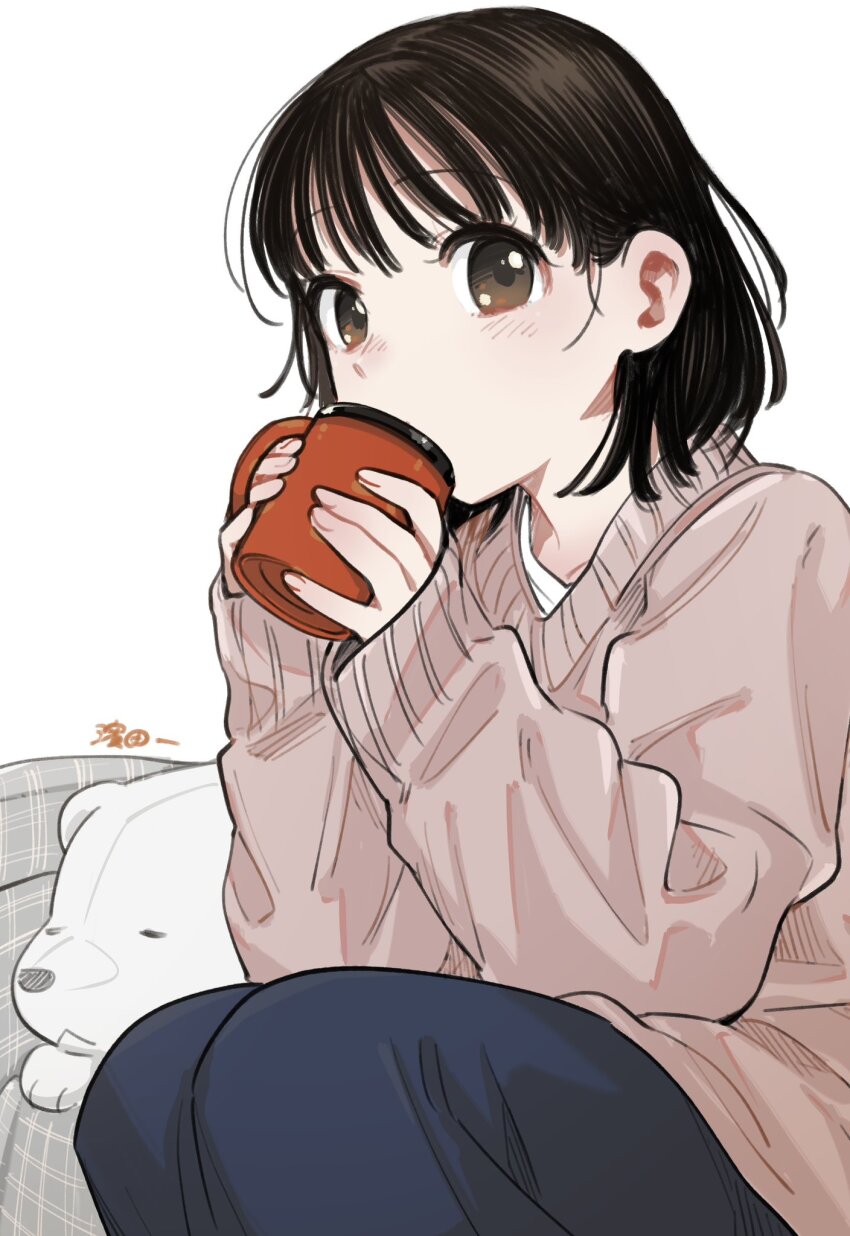 1girl, black_hair, blue_pants, brown_eyes, brown_sweater, character_request, commentary_request, copyright_request, cup, dog, drinking, highres, holding, holding_cup, light_blush, looking_at_viewer, mapu_(mapu_13m), mug, pants, short_hair, simple_background, sitting, solo, sweater, white_background