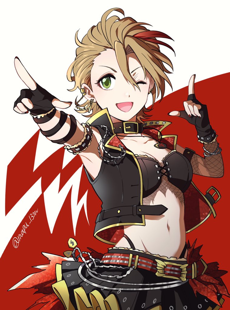 1girl, ;d, asymmetrical_gloves, belt, black_collar, black_gloves, black_jacket, black_skirt, blonde_hair, breasts, cleavage, collar, collarbone, commentary_request, cowboy_shot, double_finger_gun, earrings, finger_gun, fingerless_gloves, gloves, green_eyes, hair_between_eyes, hands_up, idolmaster, idolmaster_cinderella_girls, jacket, jewelry, kimura_natsuki, mapu_(mapu_13m), midriff, multicolored_hair, navel, one_eye_closed, open_clothes, open_jacket, open_mouth, outstretched_arm, pleated_skirt, popped_collar, red_background, red_belt, red_hair, short_hair, skirt, sleeveless, sleeveless_jacket, small_breasts, smile, solo, stomach, strapless, streaked_hair, tube_top, twitter_username, two-tone_background, white_background