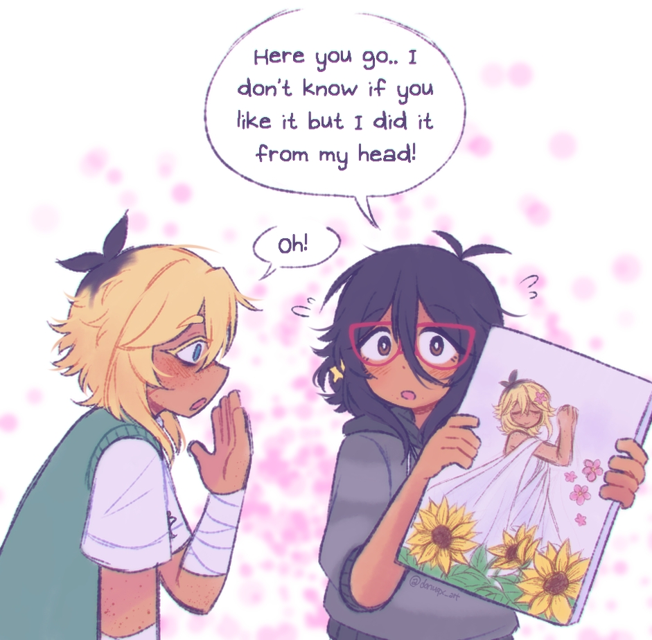 1boy, 1girl, alternate_skin_color, bandaged_arm, bandages, basil_(faraway)_(omori), basil_(omori), black_hair