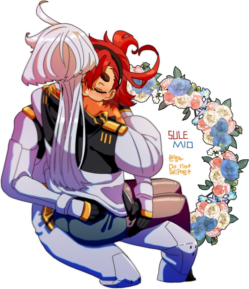 2girls, ahoge, artist_name, asticassia_school_uniform, black_hairband, black_pantyhose, blue_flower, blush