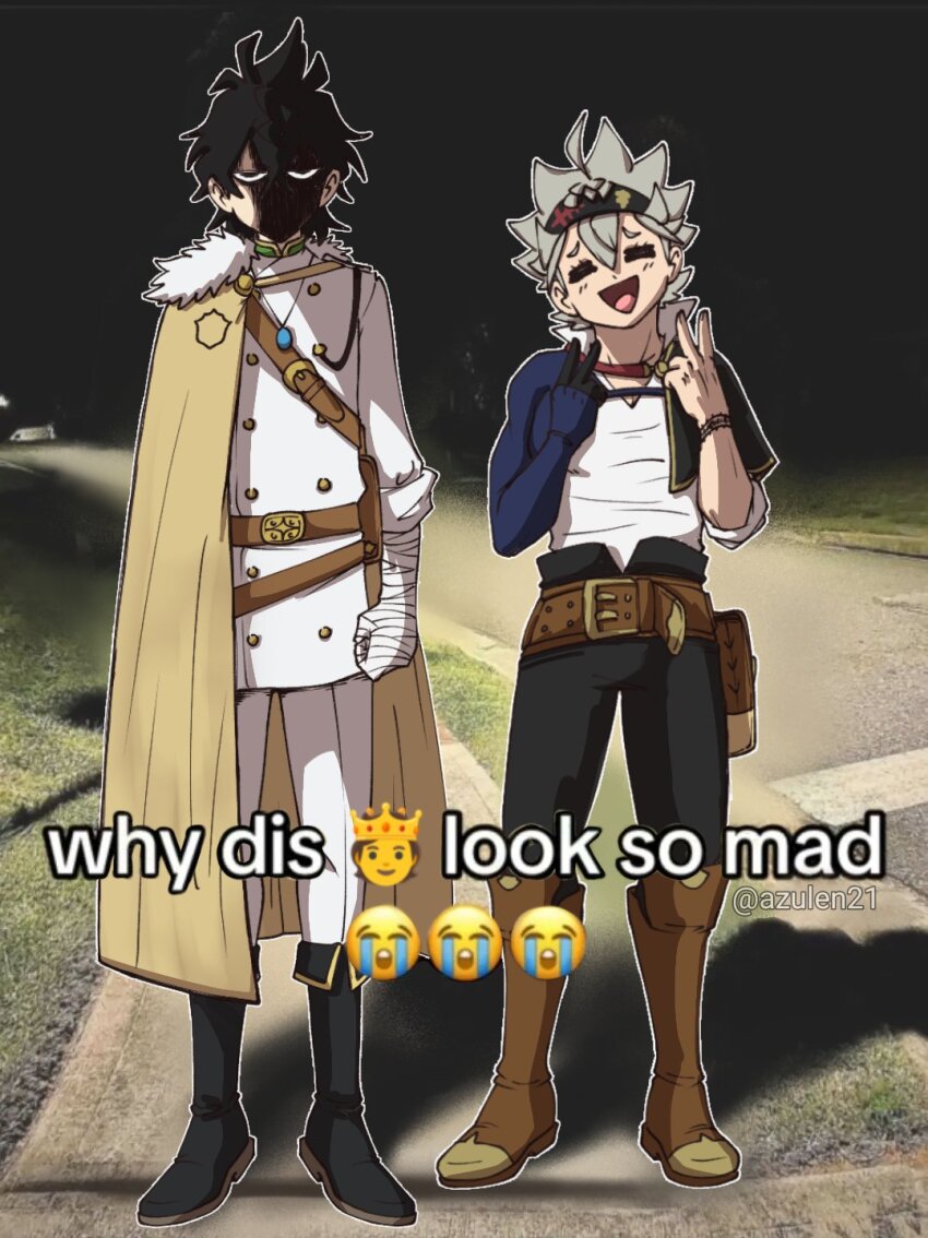 2boys, ahoge, artist_name, asta_(black_clover), azulen21, bandaged_arm, bandages, belt, black_bulls_(emblem), black_capelet, black_clover, black_footwear, black_hair, black_headband, black_pants, brown_belt, brown_footwear, button_up_skirt, buttons, cape, capelet, closed_eyes, commentary, crying_emoji, double_v, emoji, facing_viewer, full_body, grey_hair, hands_up, headband, highres, jewelry, looking_at_viewer, male_focus, meme, multiple_boys, night, no_mouth, open_mouth, outdoors, pants, pendant, photo_background, shaded_face, shadow, shirt, short_hair, sidelighting, sidewalk, sleeves_rolled_up, smile, spiked_hair, standing, twitter_username, v, white_shirt, why_dis_ninja_look_so_mad_(meme), yellow_cape, yuno_(black_clover)