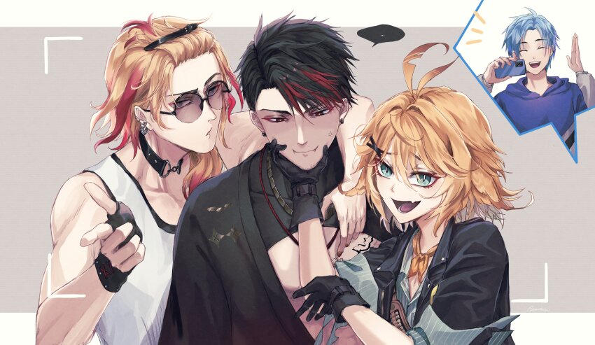 ..., 1girl, 3boys, absurdres, ahoge, anger_vein, aqua_shirt, axel_syrios, black_coat, black_eyes, black_hair, black_jacket, black_shirt, blonde_hair, blue_eyes, blue_hair, blue_hoodie, closed_eyes, coat, dokibird, fang, forced_smile, glasses, highres, holostars, holostars_english, hood, hoodie, indie_virtual_youtuber, jacket, long_hair, looking_at_viewer, medium_hair, multiple_boys, necktie, open_clothes, open_jacket, open_mouth, orange_necktie, potamikouu, regis_altare, rpr, shirt, skin_fang, smile, spoken_ellipsis, tank_top, upper_body, virtual_youtuber, white_tank_top