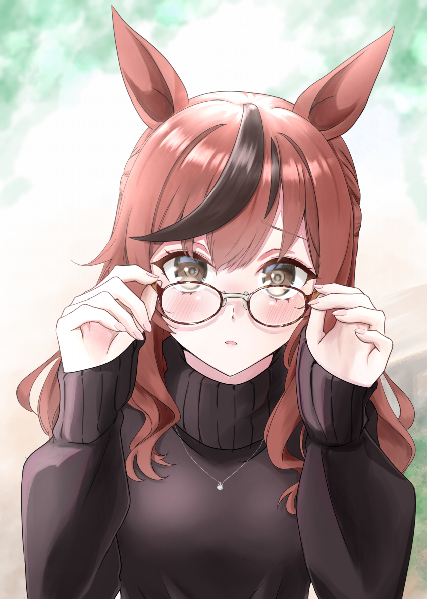 1girl, absurdres, adjusting_eyewear, animal_ears, black_sweater, blurry, blurry_background, blush