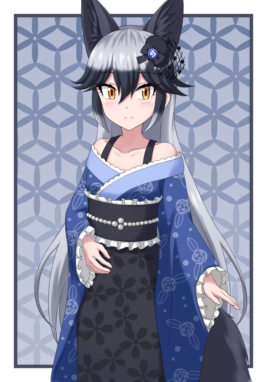 1girl, animal_ears, black_hair, fox_ears, fox_girl, fox_tail, frilled_sleeves, frills