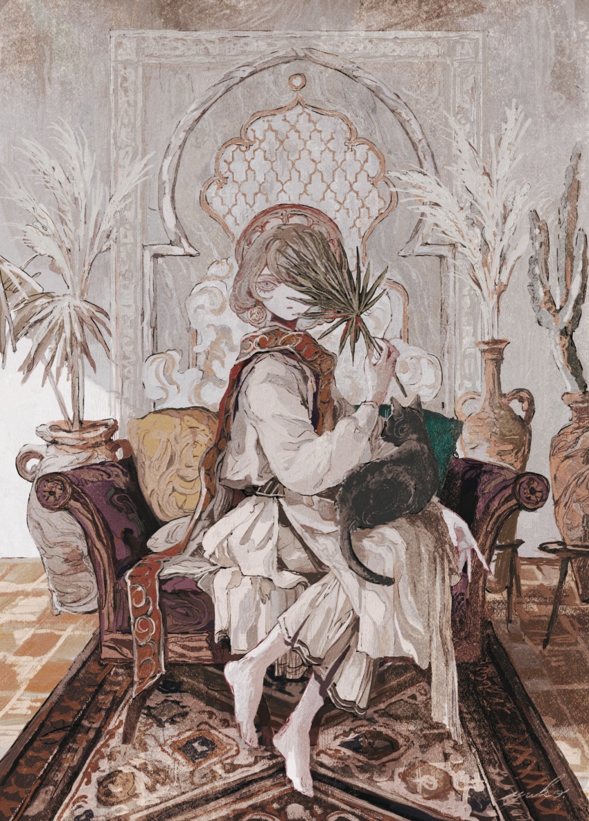 1girl, animal, barefoot, cat, commentary, couch, english_commentary, full_body