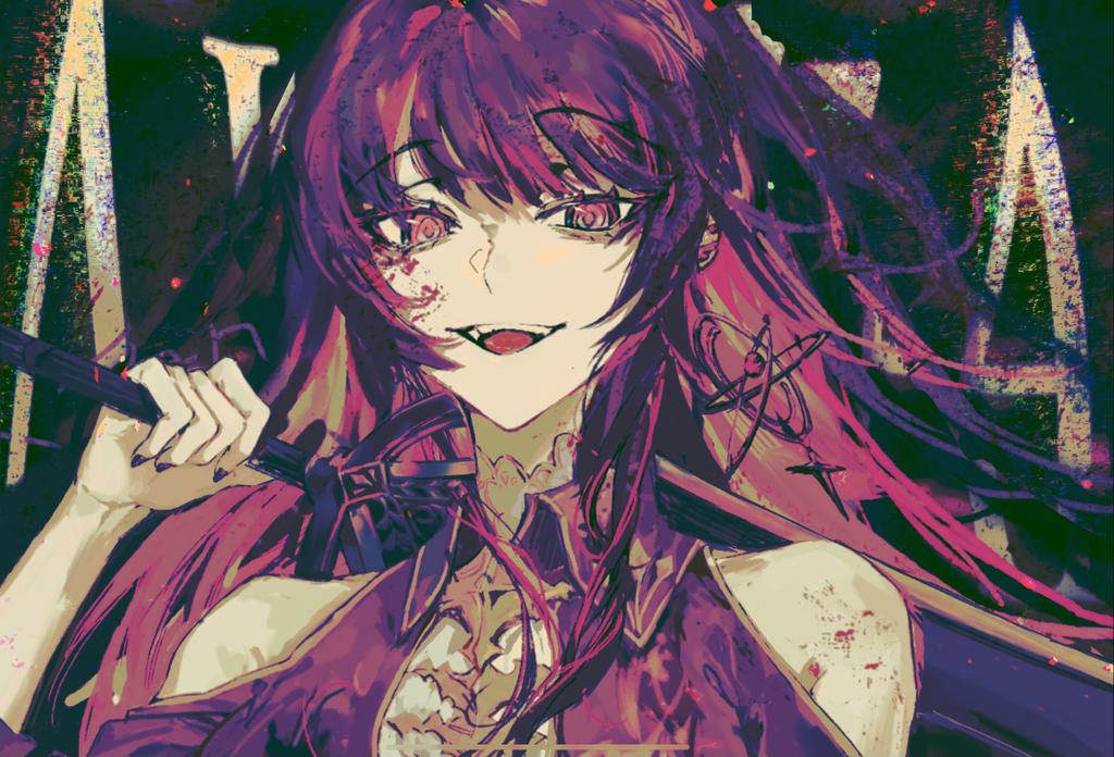 1girl, arcaea, bare_shoulders, black_background, blood, blood_on_face, brooch, clothing_cutout, collared_shirt, colored_eyelashes, colored_inner_hair, commentary_request, earrings, high_collar, holding, holding_sword, holding_weapon, hoop_earrings, jewelry, layered_shirt, long_sleeves, mir_(arcaea), multicolored_hair, nail_polish, one_side_up, open_mouth, over_shoulder, pink_eyes, pink_hair, purple_hair, purple_nails, purple_shirt, schwarzald, shirt, shoulder_cutout, single_sidelock, smile, solo, star_(symbol), star_earrings, sword, teeth, upper_body, upper_teeth_only, weapon, weapon_over_shoulder, white_shirt