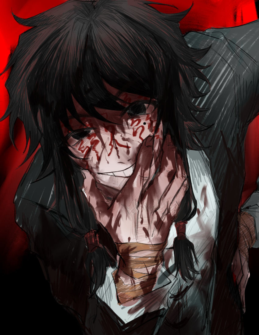 1boy, absurdres, black_eyes, black_hair, black_jacket, blood_from_forehead, blood, blood_on_clothes
