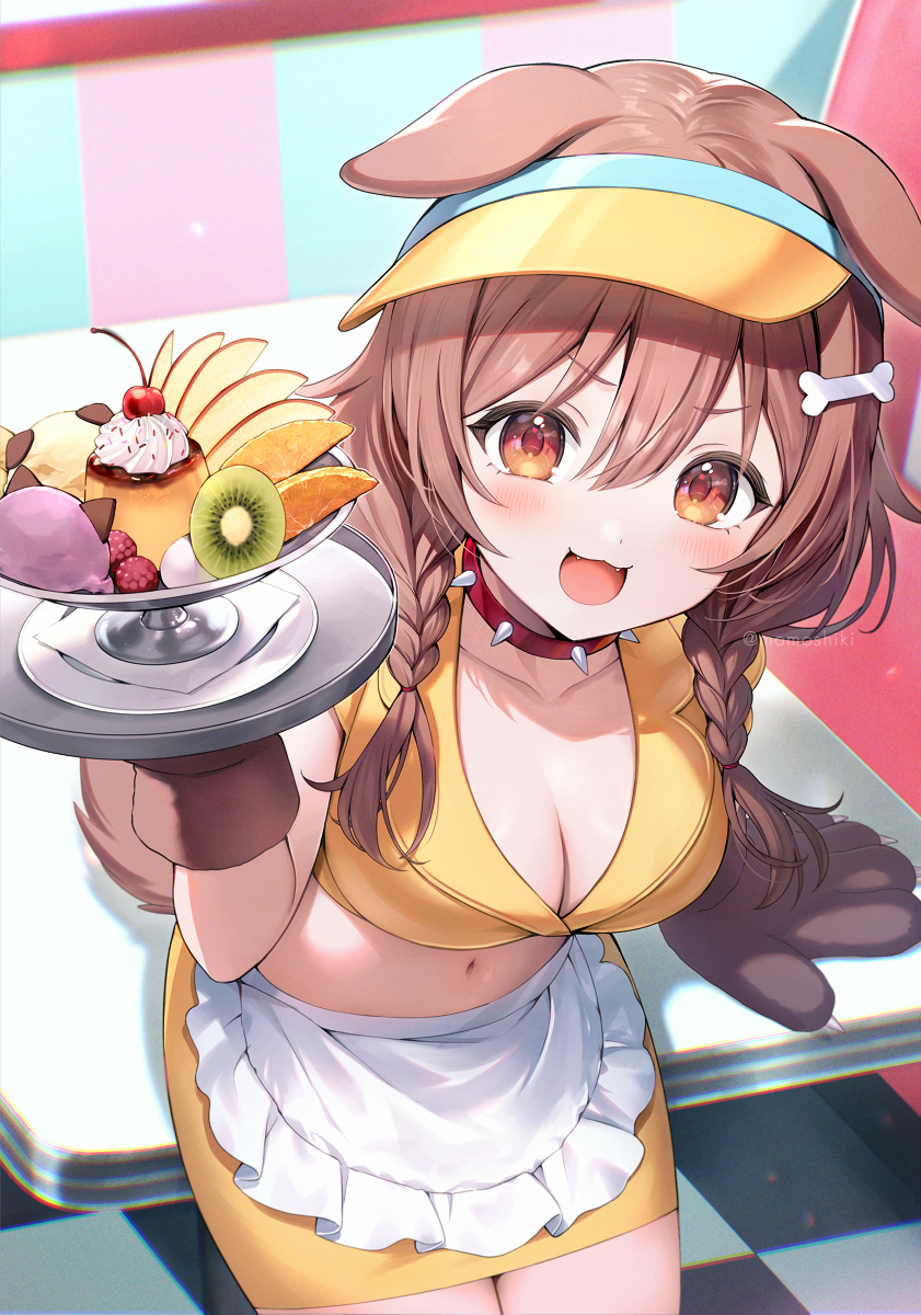 1girl, :d, animal_ears, animal_hands, apron, arm_support, bone_hair_ornament, braid, breasts, brown_hair, chair, cleavage, collar, collarbone, commentary_request, dog_ears, dog_girl, dog_tail, doggy_god's_street, feet_out_of_frame, food, from_above, fruit, gloves, hair_ornament, highres, holding, holding_plate, hololive, indoors, inugami_korone, kiwi_(fruit), large_breasts, long_hair, looking_at_viewer, midriff, momoshiki_tsubaki, navel, official_alternate_costume, open_mouth, paw_gloves, plate, pudding, pudding_a_la_mode, red_collar, sitting, skirt, smile, solo, spiked_collar, spikes, tail, twin_braids, virtual_youtuber, visor_cap, waist_apron, white_apron, yellow_eyes, yellow_skirt