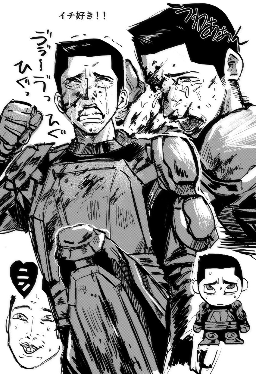 1boy, blood, blood_on_clothes, blood_on_face, blood_splatter, body_armor, bodysuit, chibi