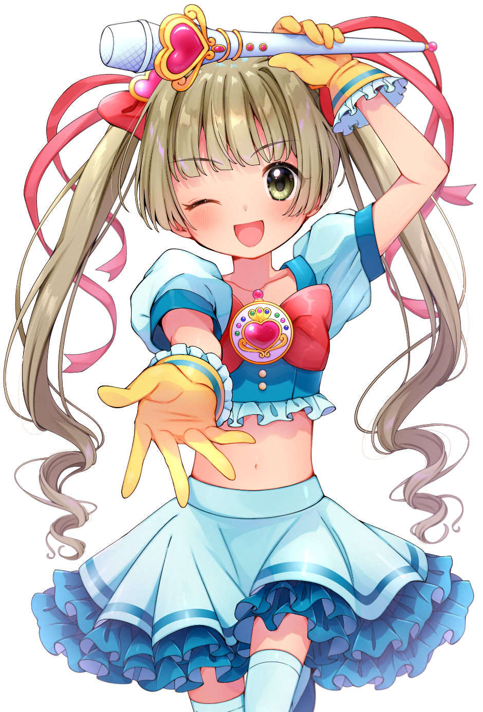 1girl, 31reyo, ;d, arm_up, blue_shirt, blue_skirt, blue_thighhighs, blunt_bangs