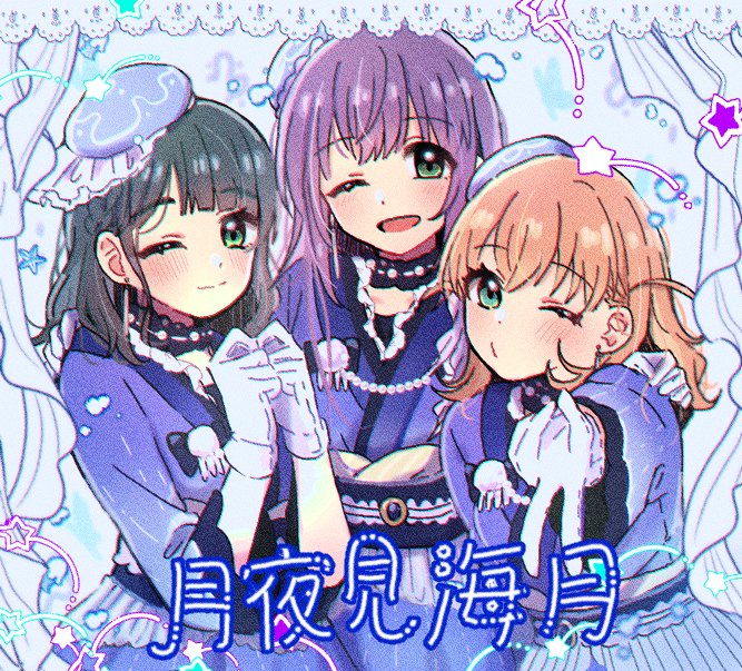 3girls, ;), ;d, aqua_eyes, beret, black_hair, blue_background, blue_hat