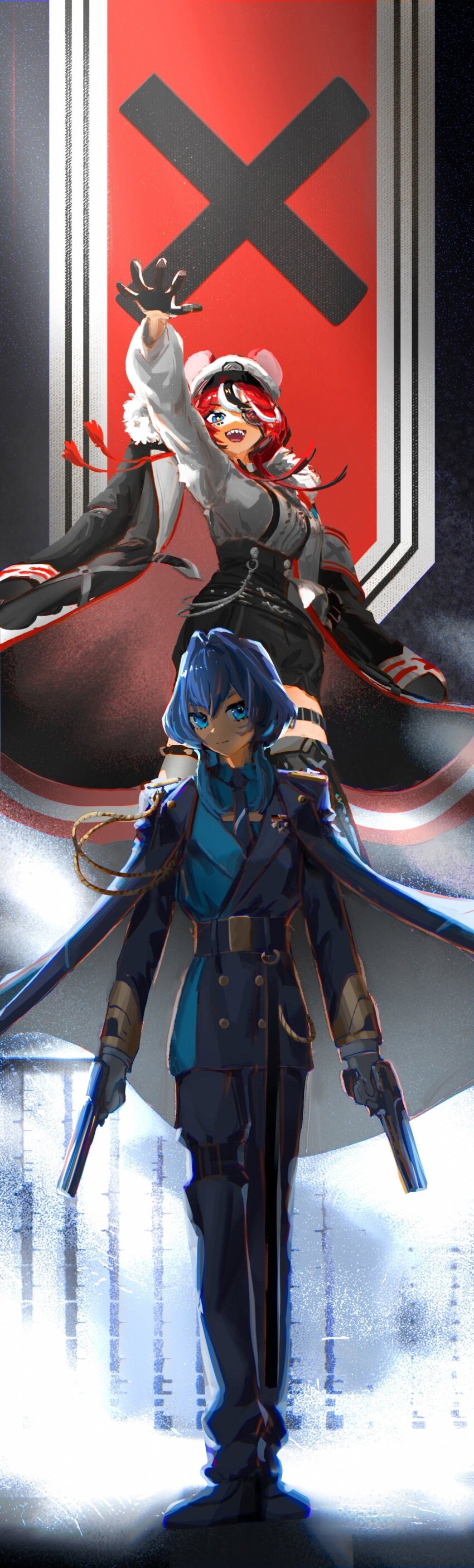 2girls, absurdres, animal_ears, black_bow, black_hair, blue_eyes, blue_hair, blue_necktie