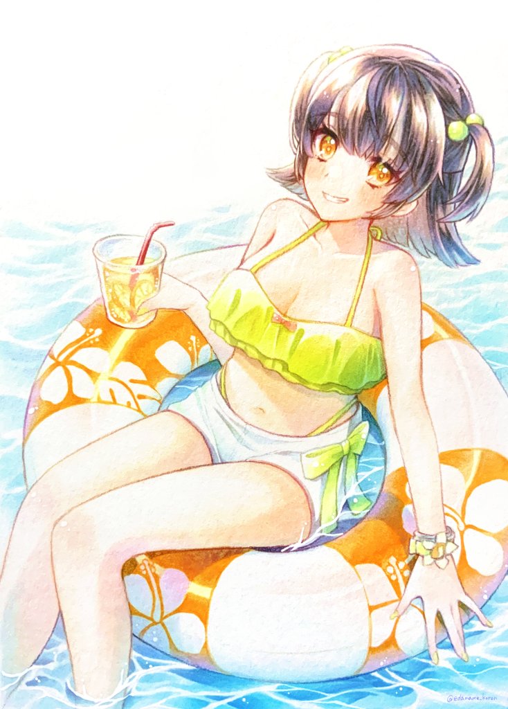 1girl, \||/, armpit_crease, bare_arms, bare_legs, bare_shoulders, bikini, bikini_under_clothes
