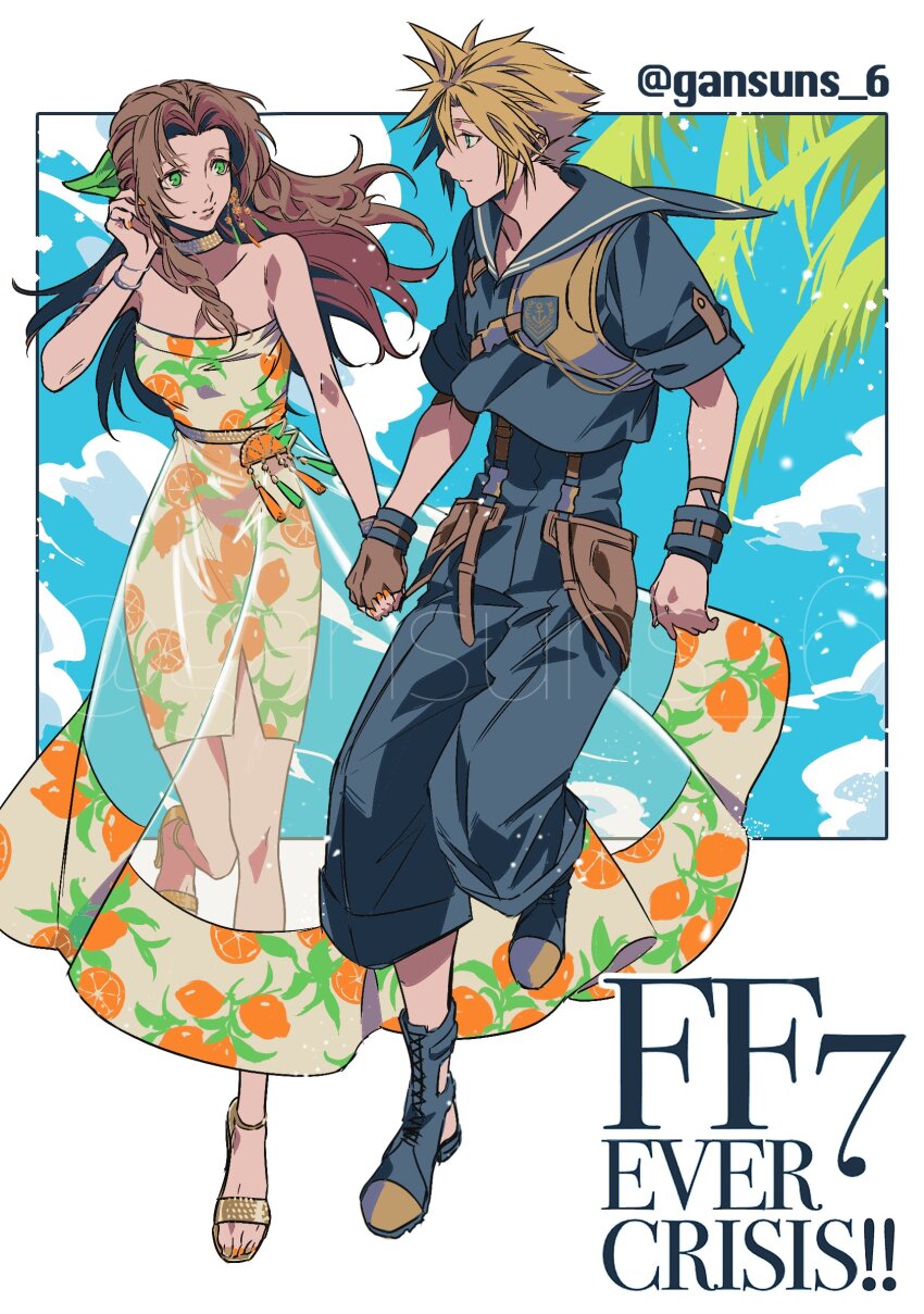 1boy, 1girl, aerith_gainsborough, aerith_gainsborough_(citric_dress), armlet, armor, bare_shoulders, black_footwear