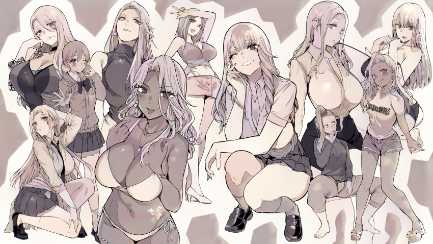 6+girls, :d, :p, :q, absurdres, arm_behind_head, bangs_pinned_back, barefoot