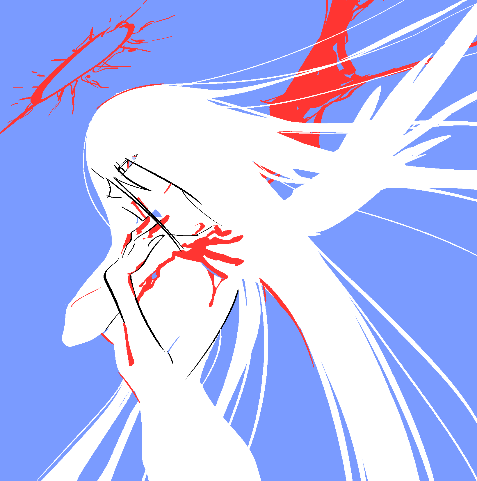 1girl, angel_wings, blood, blood_on_chest, blood_on_hands, blue_background, blue_eyes, commentary_request