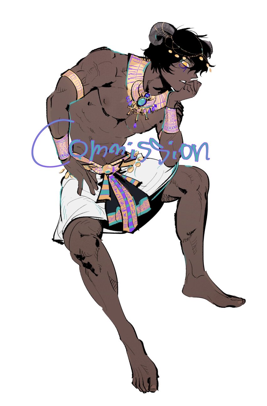 1boy, absurdres, ancient_egyptian, ancient_egyptian_clothes, ankh, armlet, barefoot, black_hair, commentary_request, commission, dark-skinned_male, dark_skin, full_body, highres, horns, invisible_chair, jewelry, korean_commentary, looking_at_viewer, male_focus, nipples, original, parted_lips, pp_pcent, sheep_boy, sheep_horns, shendyt, short_hair, simple_background, sitting, solo, toned, toned_male, usekh_collar, very_short_hair, white_background, yellow_eyes
