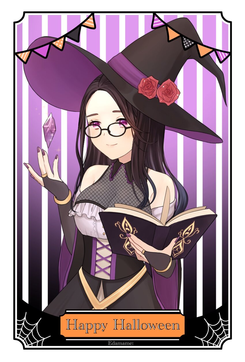 1girl, alternate_costume, arisugawa_reika, armpit_crease, artist_name, bare_shoulders, black-framed_eyewear, black_bridal_gauntlets