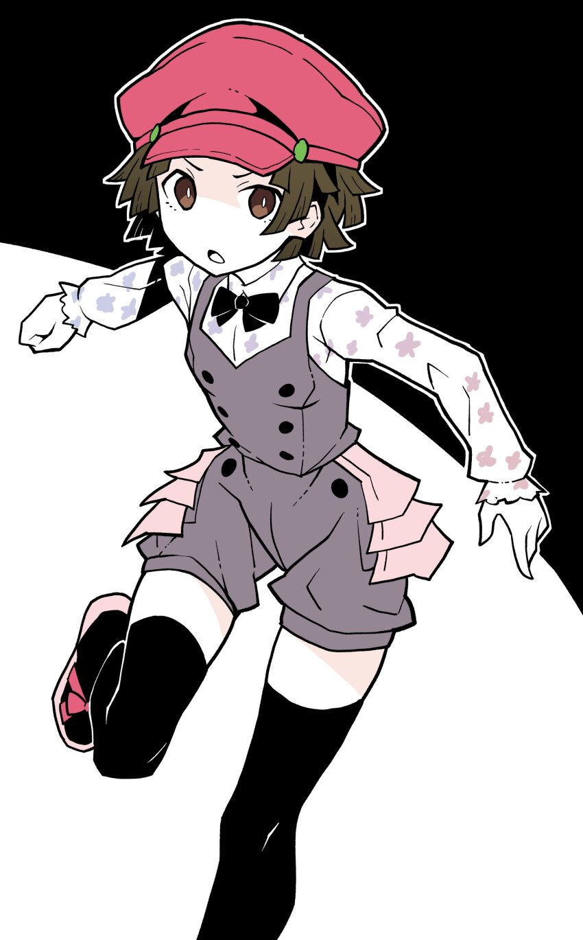 1girl, :<, absurdres, akableak, black_background, black_bow, black_bowtie, black_thighhighs, bow, bowtie, breasts, bright_pupils, brown_eyes, brown_hair, brown_romper, buttons, clenched_hand, commentary, double-breasted, floral_print, floral_print_shirt, foot_out_of_frame, foot_up, footwear_bow, frilled_skirt, frilled_sleeves, frills, half-skirt, hat, highres, layered_clothes, long_sleeves, looking_at_viewer, monogatari_(series), nademonogatari, newsboy_cap, open_mouth, outstretched_arms, overskirt, pale_skin, pink_bow, pink_hat, pink_sandals, pink_shirt, pink_skirt, romaji_commentary, romper, running, sandals, sengoku_nadeko, sengoku_nadeko_(mangaka), shirt, short_hair, skirt, small_breasts, solo, thigh_gap, thighhighs, two-tone_shirt, v-shaped_eyebrows, white_background, white_pupils, white_shirt