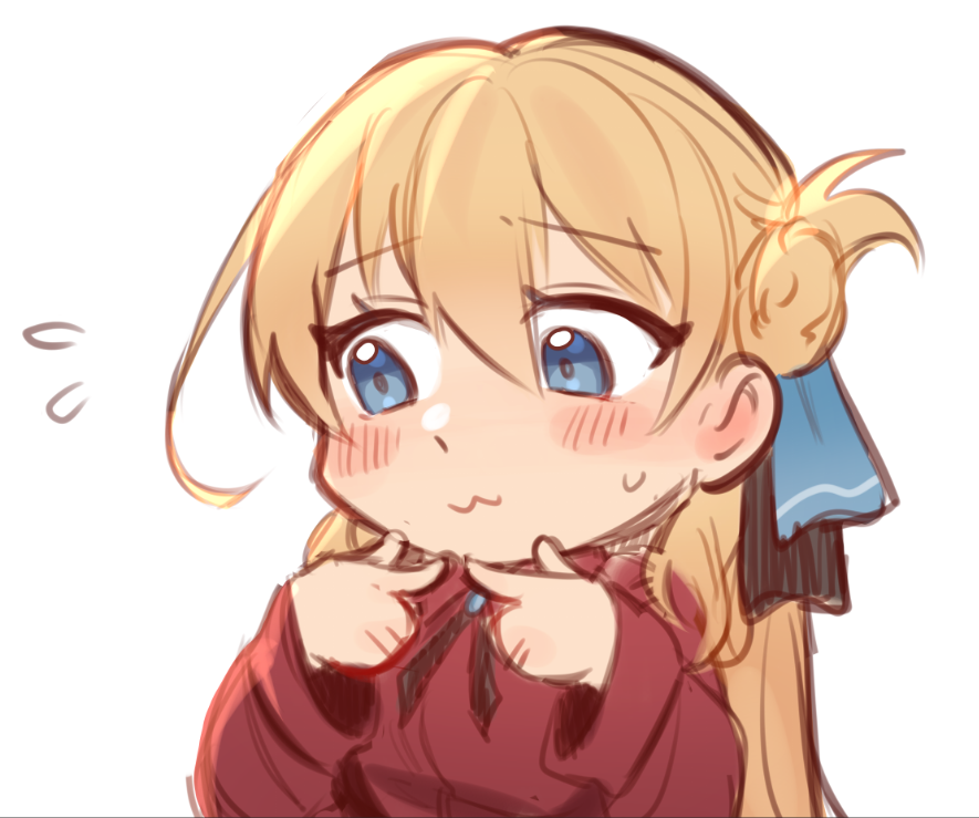 1girl, :3, agnes_claudel, blonde_hair, blue_eyes, blush, chibi, commentary