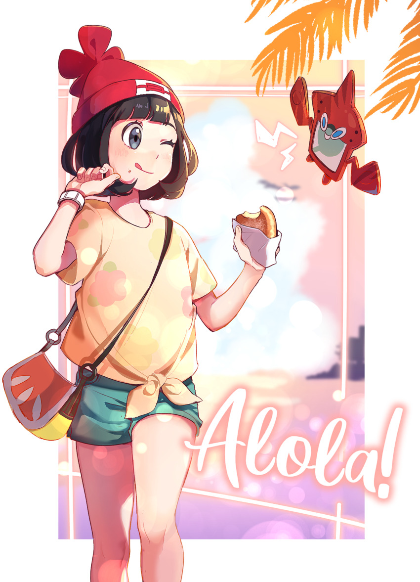 1girl, ;q, bag, beanie, black_hair, blush, cheese_(yongggam), closed_mouth
