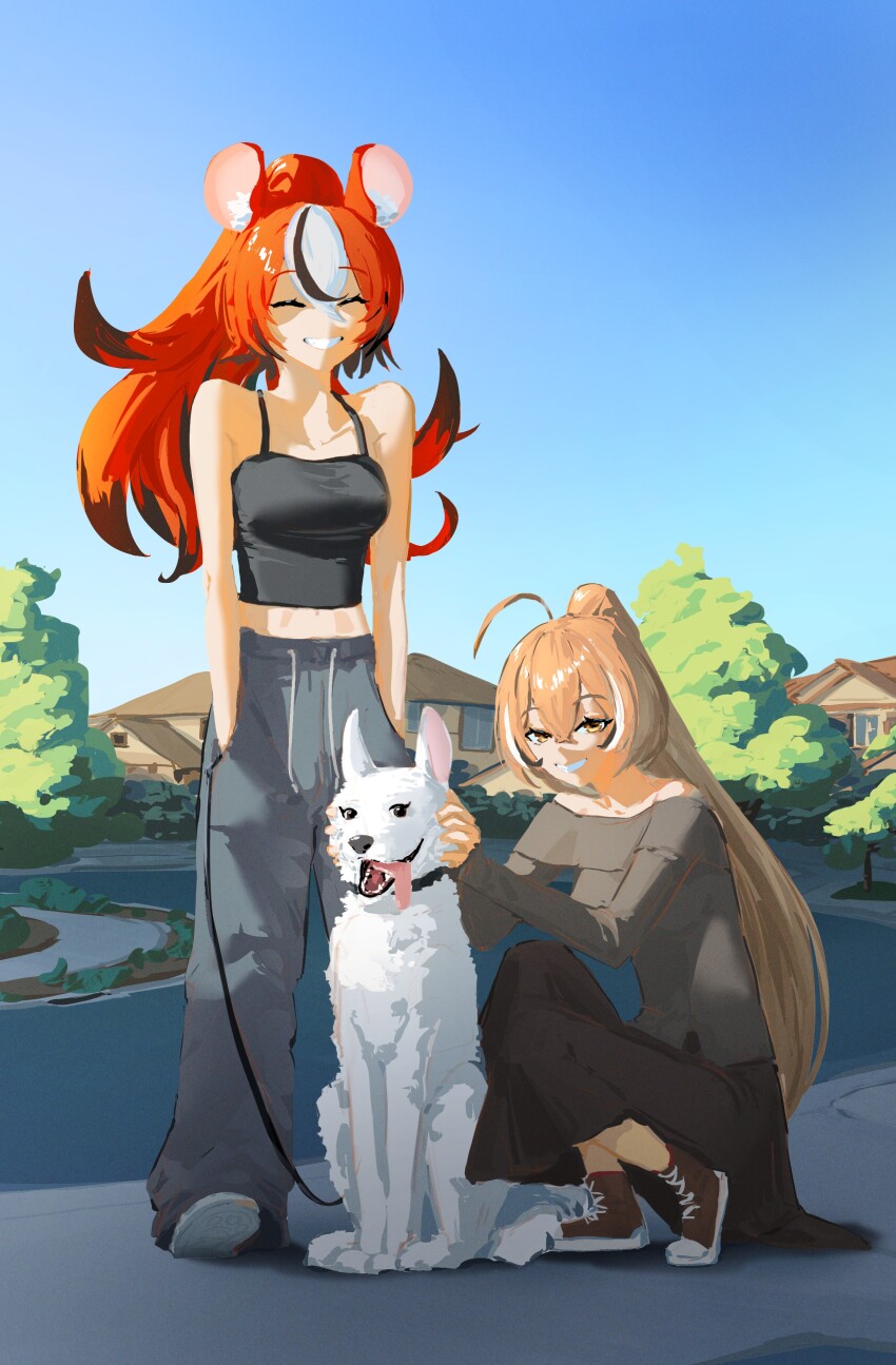 2girls, absurdres, animal_ears, black_hair, dog, hakos_baelz, highres, hololive