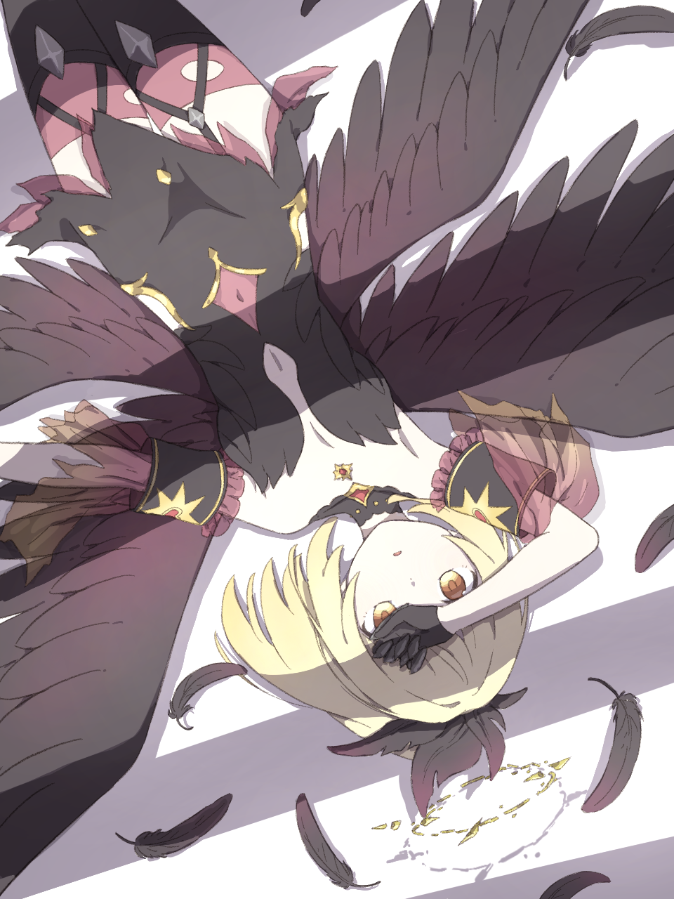 1girl, armpits, black_dress, black_thighhighs, black_wings, blonde_hair, breasts, choker