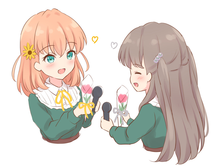 2girls, :d, aqua_eyes, blush, brown_hair, closed_eyes, collared_dress, commentary_request, cropped_torso, crossed_bangs, dakishimeru_hanabira, drawn_heart, dress, facing_another, flower, fujishima_megumi, green_dress, hair_flower, hair_ornament, hanazora_satsuki, heart, highres, hinoshita_kaho, holding, holding_flower, holding_microphone, link!_like!_love_live!, long_hair, long_sleeves, looking_at_another, love_live!, medium_hair, microphone, multiple_girls, open_mouth, orange_hair, simple_background, smile, two_side_up, virtual_youtuber, white_background, yellow_flower