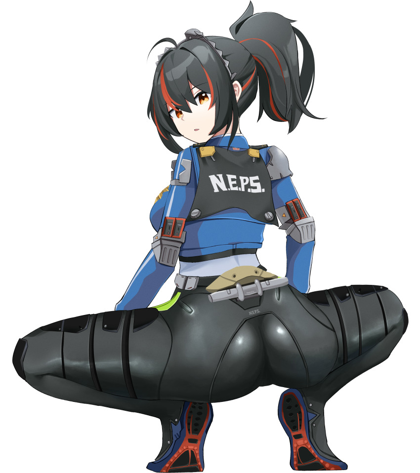1girl, absurdres, ahoge, anaconda_(nicki_minaj), ass, black_gloves, black_hair, black_pants, blue_jacket, blue_shoes, breasts, broly_culo_(meme), clothes_writing, commentary, cropped_jacket, full_body, gloves, hair_between_eyes, hairband, handlebar, high-waist_pants, highres, holster, jacket, large_breasts, long_hair, long_sleeves, looking_at_viewer, mark1019, meme, metal_hairband, multicolored_hair, orange_eyes, pants, parted_lips, police, police_badge, police_uniform, policewoman, ponytail, red_hair, shirt, shoes, shoulder_holster, sidelocks, simple_background, solo, squatting, streaked_hair, tight_clothes, tight_pants, two-tone_hair, white_background, white_shirt, zenless_zone_zero, zhu_yuan
