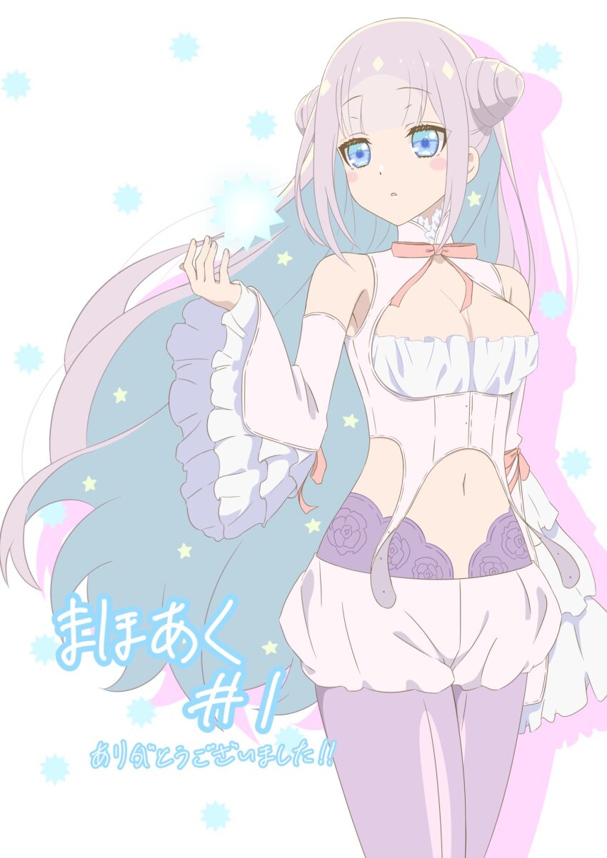 armpits, bare_shoulders, blue_eyes, blush, breasts, cleavage, detached_sleeves, double_bun