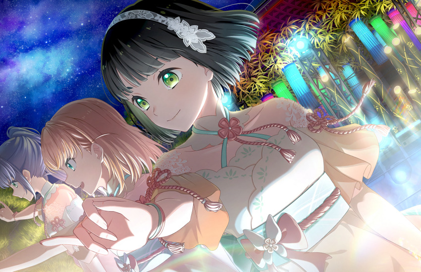 3girls, aoku_haruka/flower, aqua_eyes, black_hair, blunt_bangs, blunt_ends, breasts, cerise_bouquet