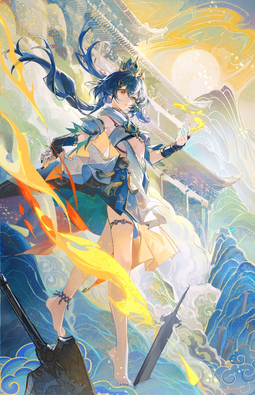 1girl, absurdres, architecture, baofandxy, black_nails, blue_hair, blue_skirt, brooch