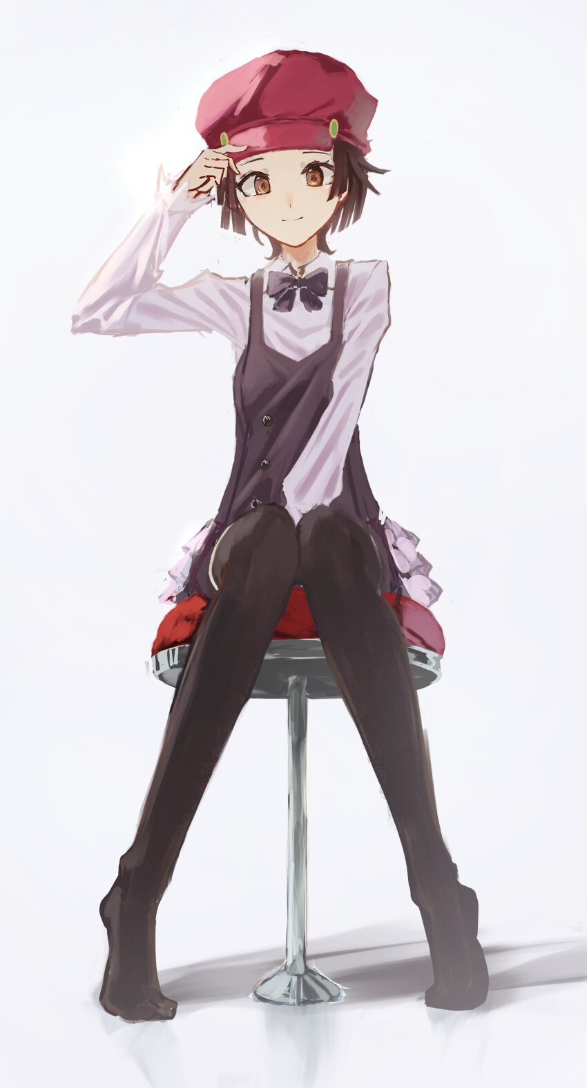 1girl, absurdres, adjusting_clothes, adjusting_headwear, between_legs, black_bow, black_bowtie, black_thighhighs