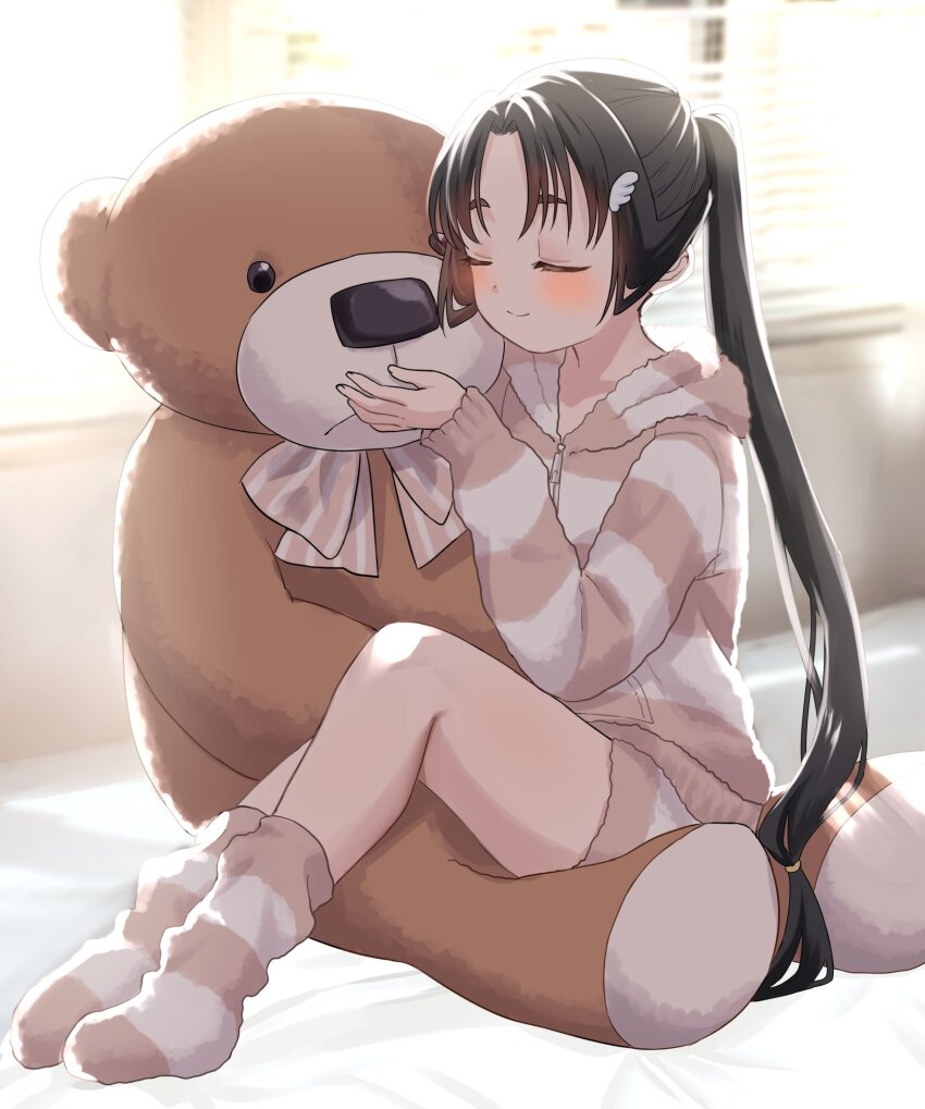 1boy, bed, black_hair, blush, bow, bowtie, closed_eyes, contemporary