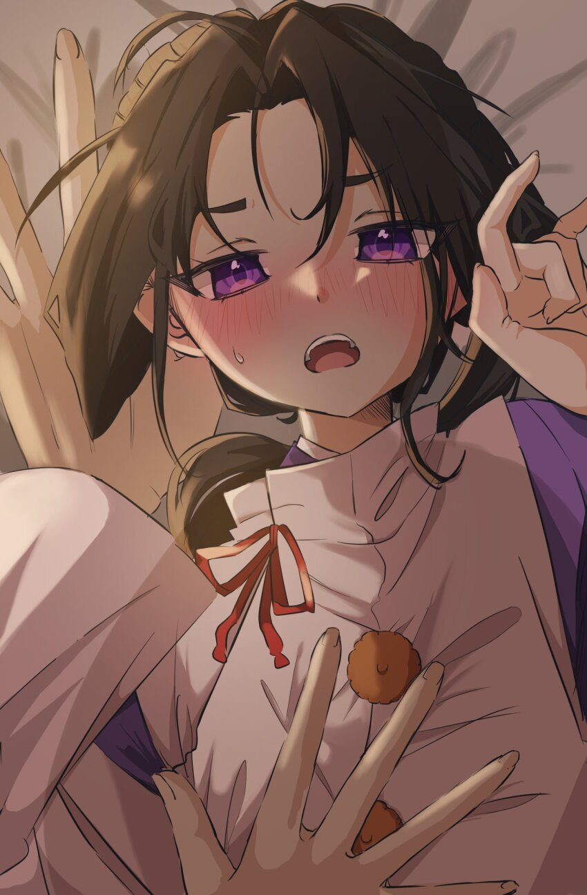 1boy, annoyed, bed, black_hair, blush, bow, furrowed_brow, hand_on_another's_chest