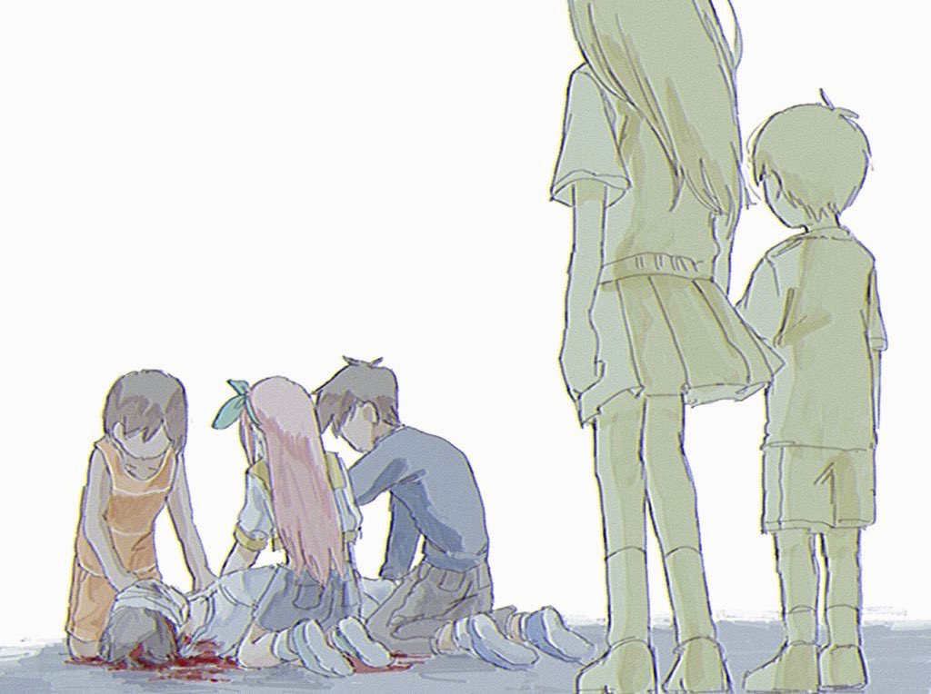2girls, 5boys, aubrey_(faraway)_(omori), aubrey_(omori), bandaged_head, bandages, blood, blue_footwear