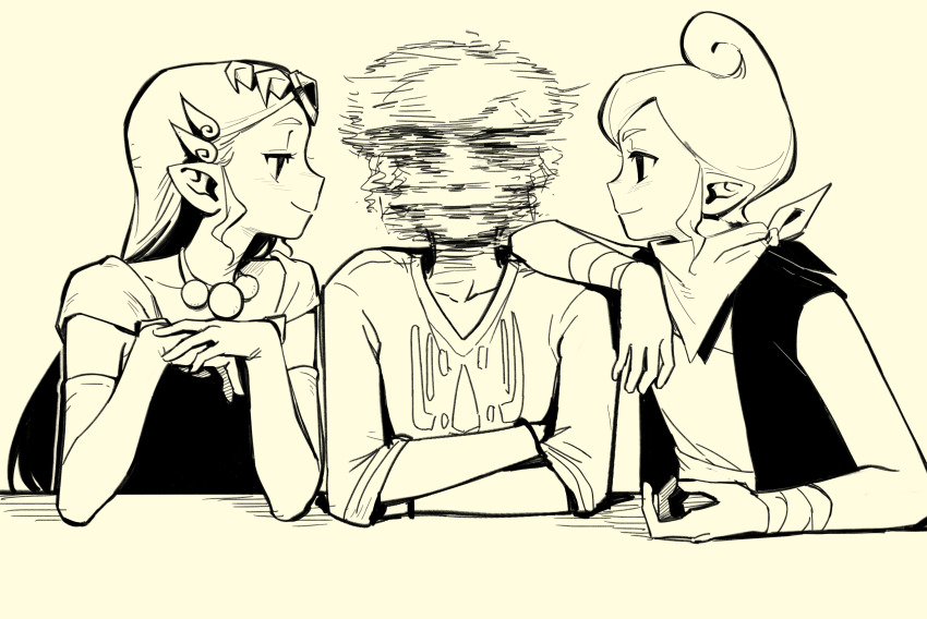 1boy, 2girls, absurdres, afterimage, arms_on_table, bandaged_wrist, bandages, closed_mouth