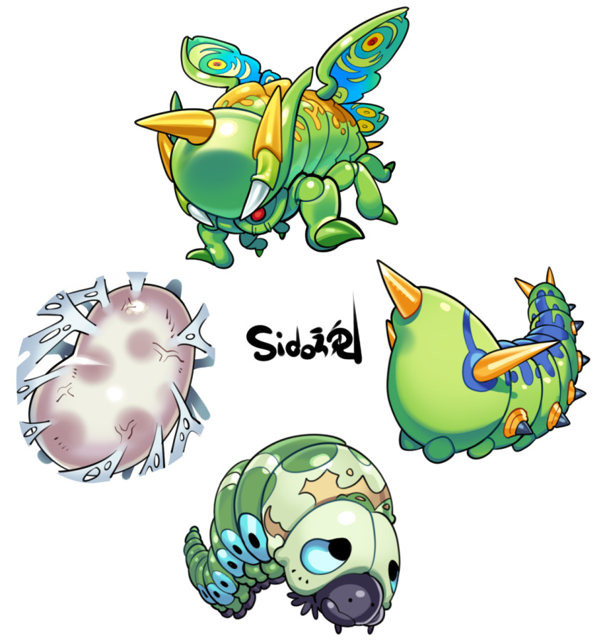 animal_focus, bug, caterpillar, cocoon, cocoon_of_evolution, duel_monster, full_body, grasshopper, highres, insect, larvae_moth, no_humans, petit_moth, pinch_hopper, sido_(slipknot), signature, simple_background, white_background, yu-gi-oh!