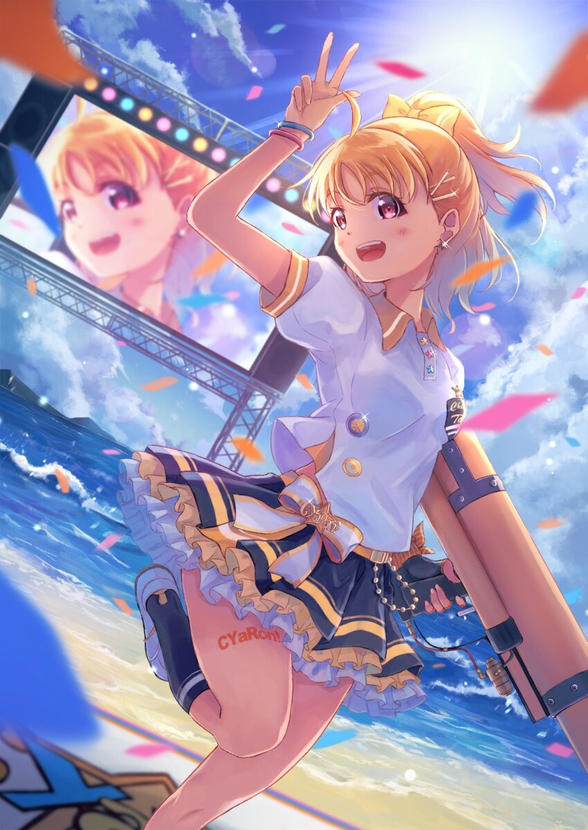 1girl, :d, arm_up, black_skirt, black_socks, blue_sky, blurry, blurry_background