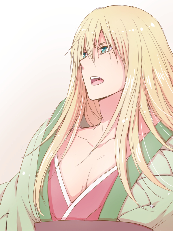 0aoiurn0, 1boy, aqua_eyes, blonde_hair, gradient_background, japanese_clothes, long_hair, looking_ahead